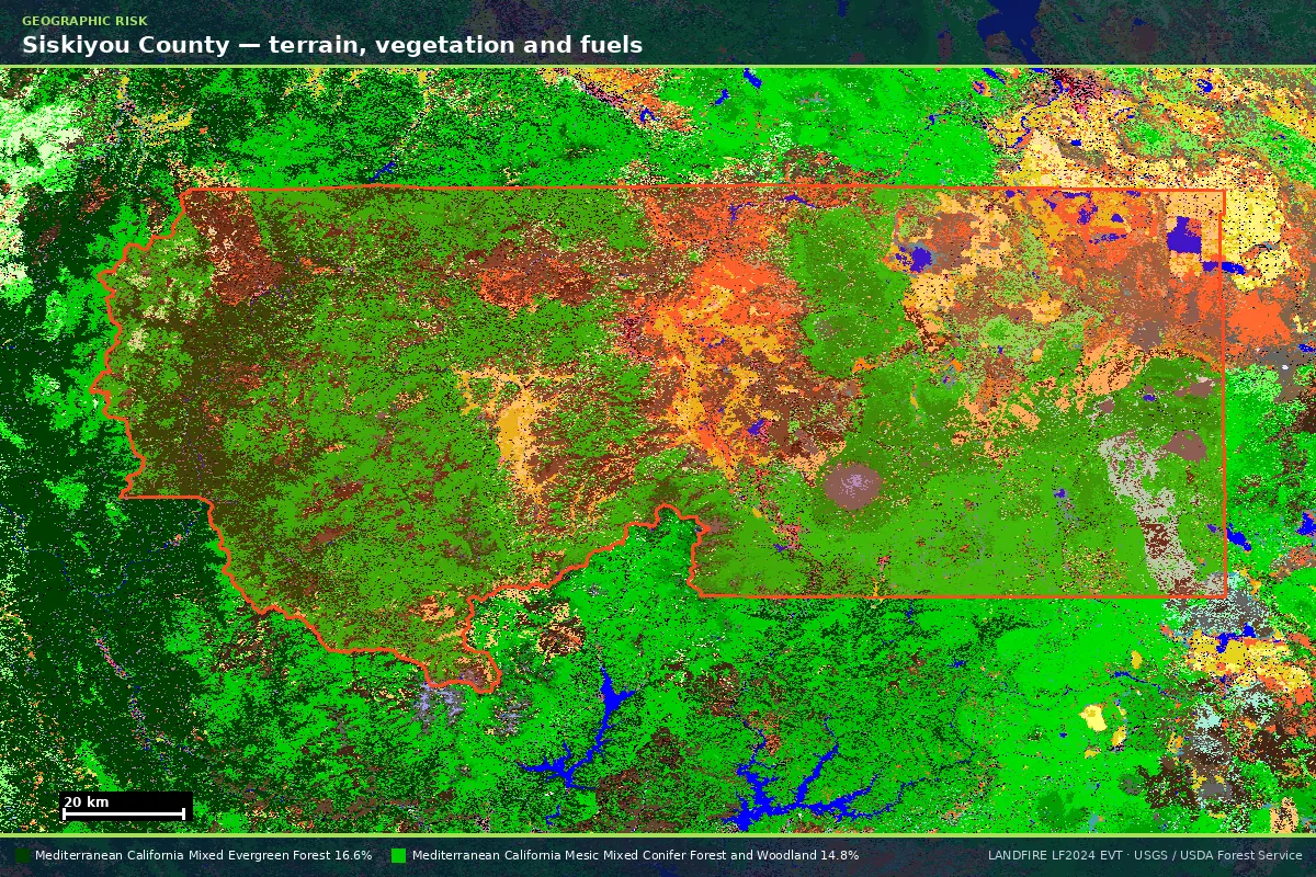 LANDFIRE existing vegetation type map of Siskiyou County, California, with the county boundary outlined
