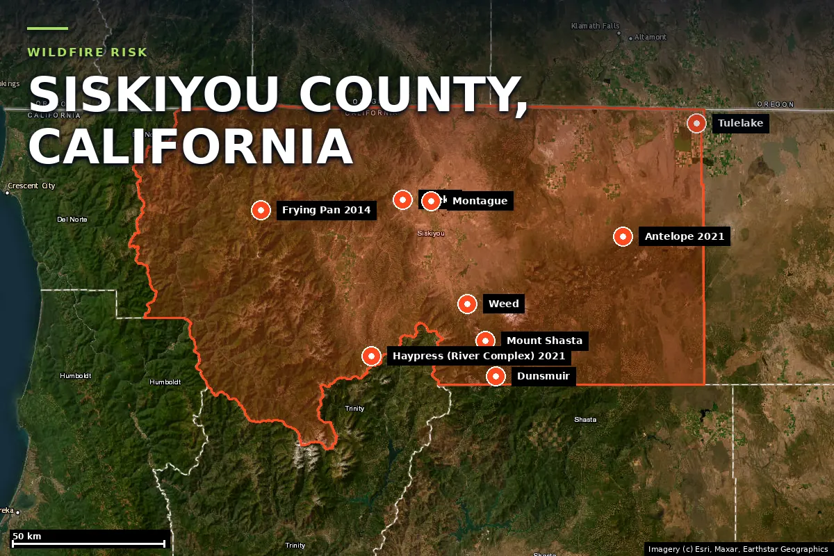 Satellite locator map of Siskiyou County, California, with the county boundary outlined