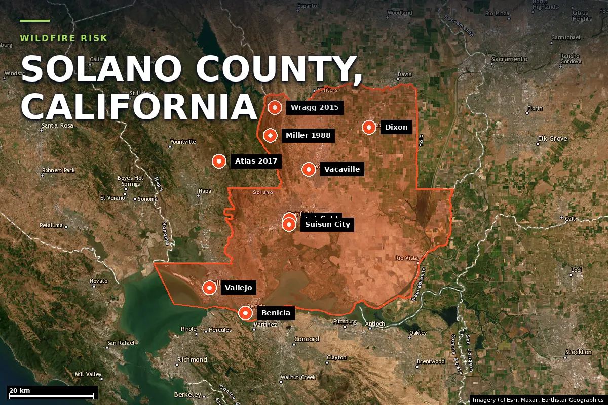 Satellite locator map of Solano County, California, with the county boundary outlined