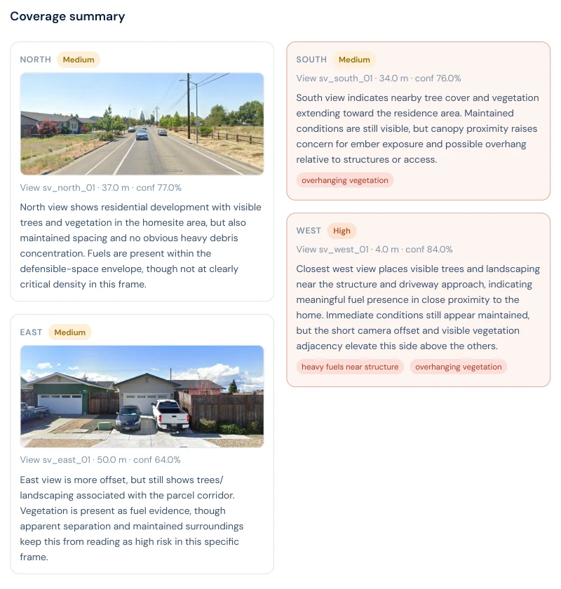 Excerpt from a Satelife wildfire risk report: street-view vision sweep with north, east, south and west findings — overhanging vegetation and heavy fuels near structure flagged on the west side