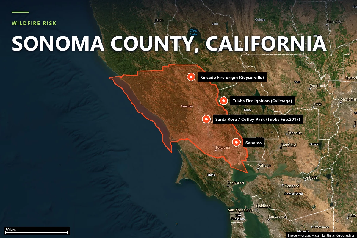 Satellite locator map of Sonoma County, California, with the county boundary outlined and Santa Rosa, Coffey Park, and the 2017 Tubbs Fire path marked