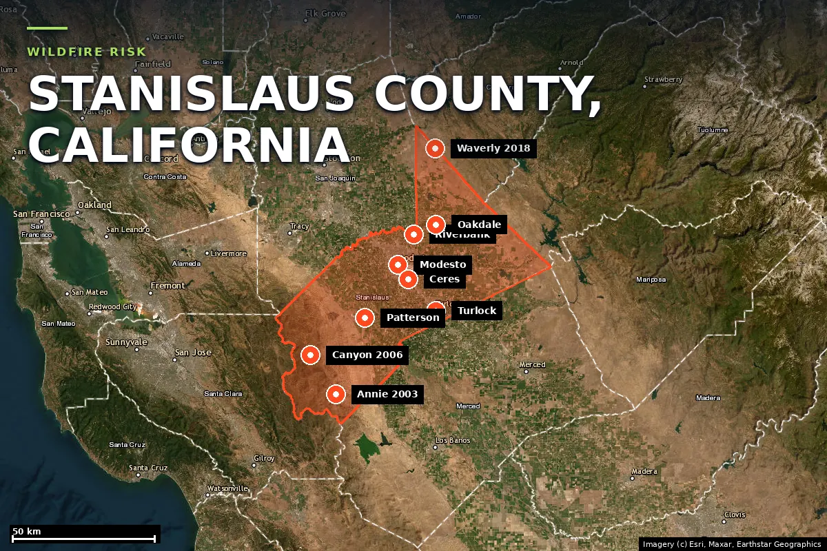 Satellite locator map of Stanislaus County, California, with the county boundary outlined