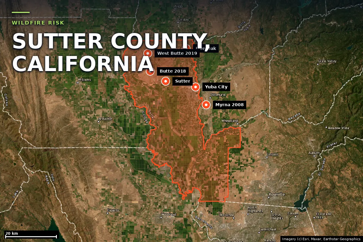 Satellite locator map of Sutter County, California, with the county boundary outlined