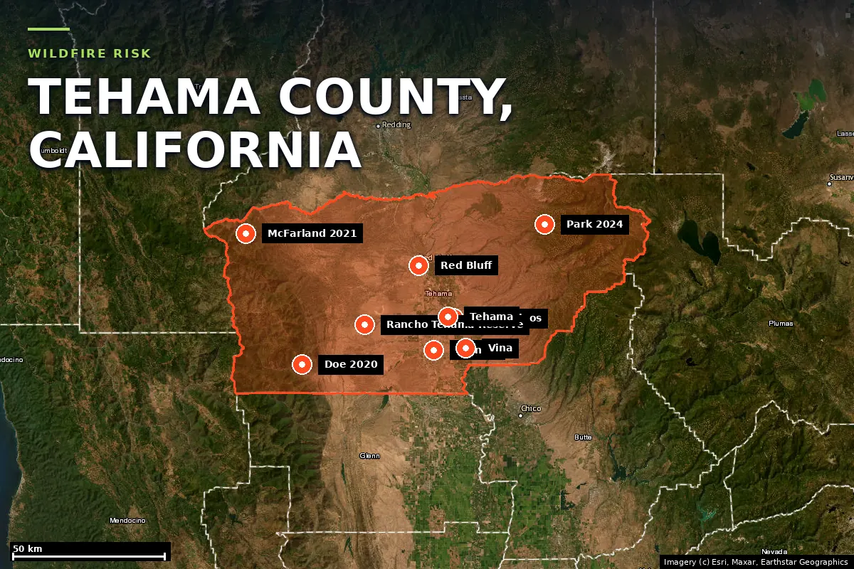 Satellite locator map of Tehama County, California, with the county boundary outlined