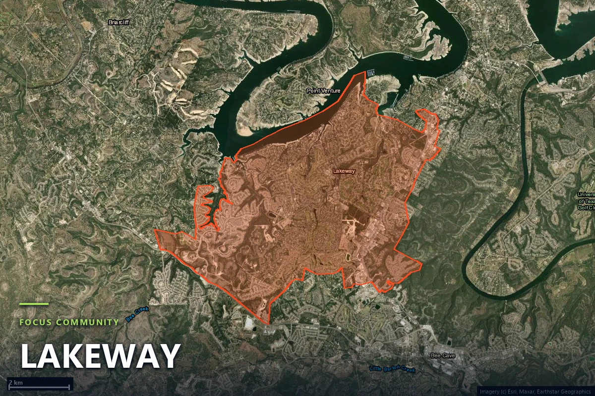 Satellite view of the Lakeway city boundary on the south shore of Lake Travis in Travis County, Texas, showing housing and golf course fairways threaded through dark green Ashe juniper woodland on limestone terrain