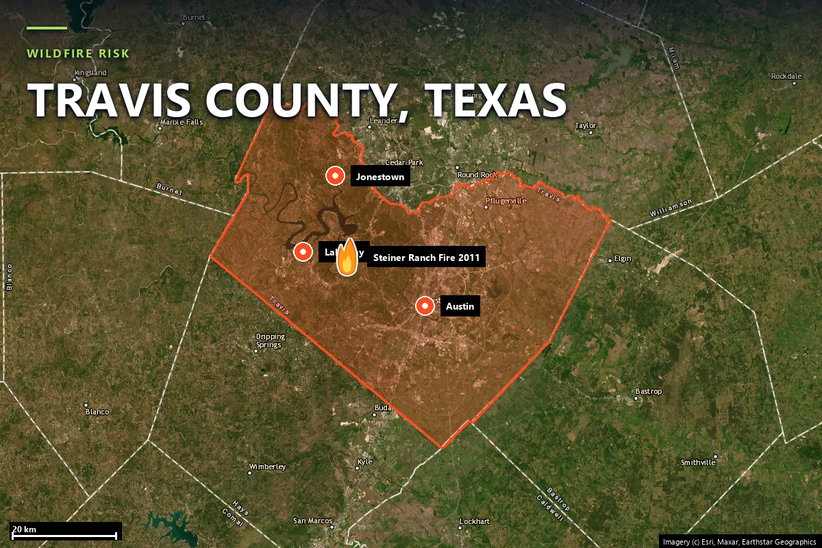 Satellite locator map of Travis County, Texas, with the county boundary outlined, Austin, Lakeway and Jonestown marked, and a flame icon on the 2011 Steiner Ranch fire area west of the city