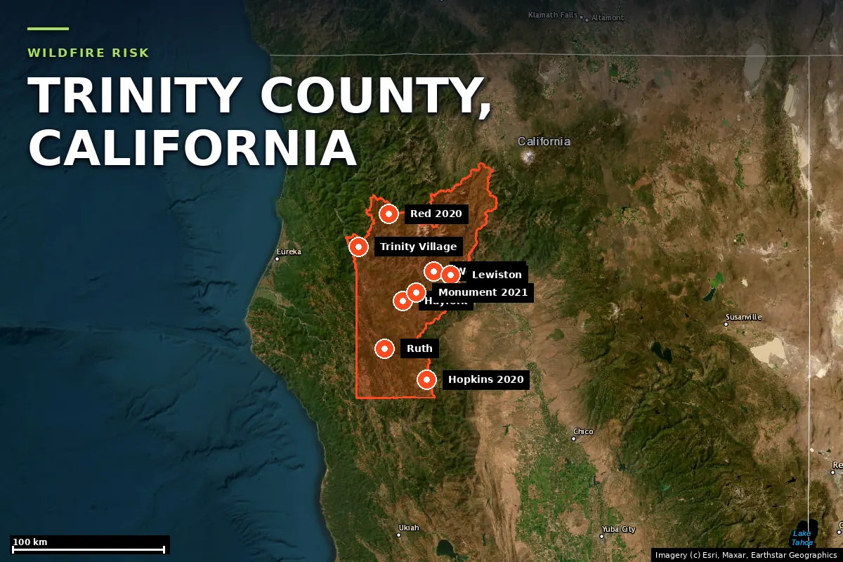 Satellite locator map of Trinity County, California, with the county boundary outlined