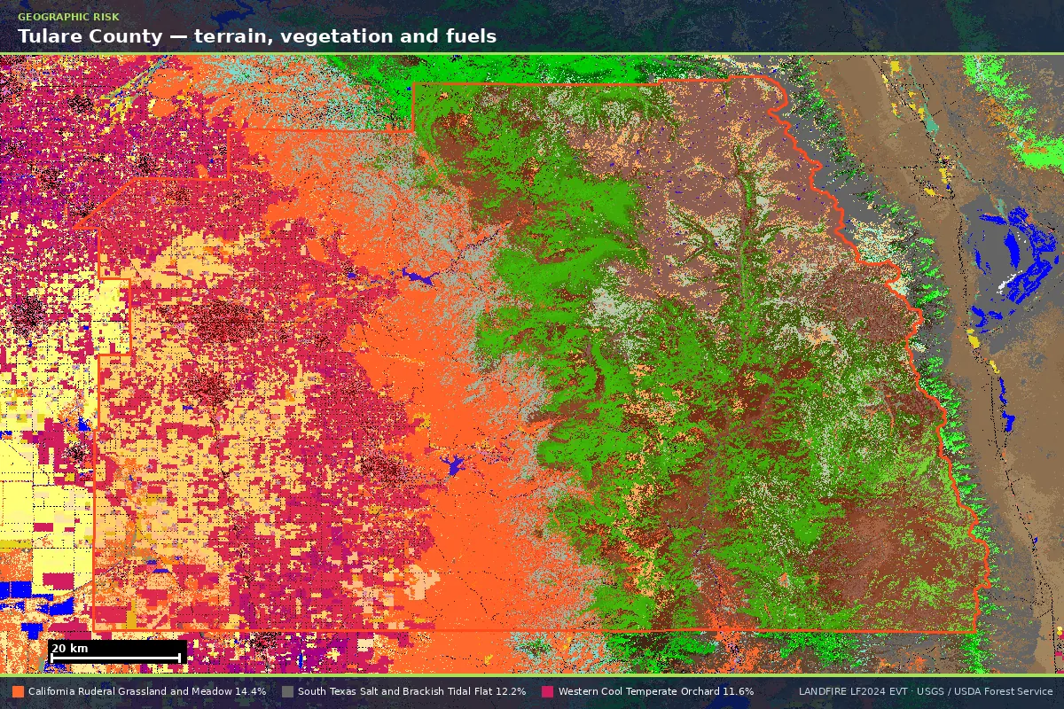 LANDFIRE existing vegetation type map of Tulare County, California, with the county boundary outlined