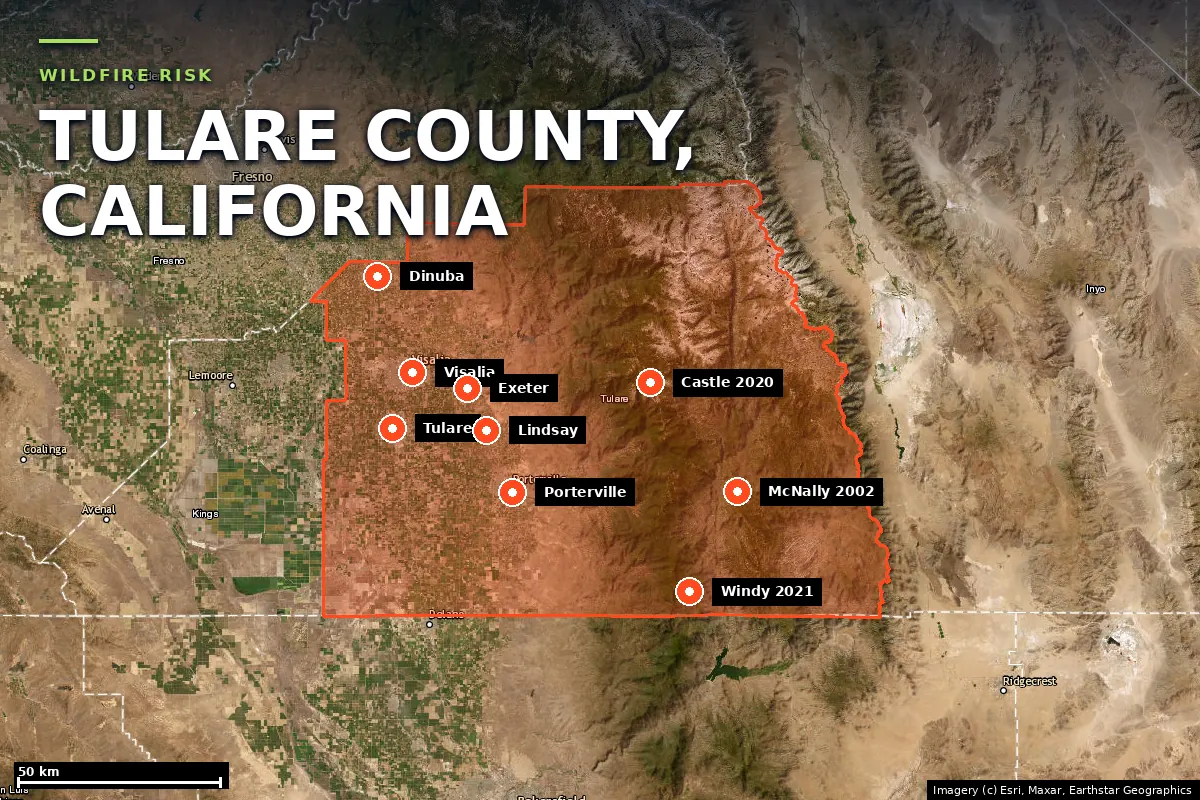 Satellite locator map of Tulare County, California, with the county boundary outlined