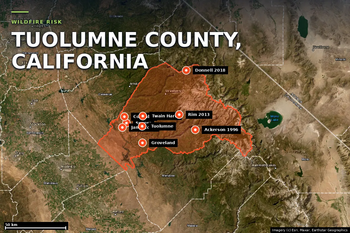Satellite locator map of Tuolumne County, California, with the county boundary outlined