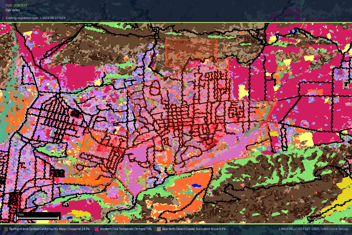 LANDFIRE existing vegetation type map of the Ojai Valley, showing the town grid and orchard parcels on the valley floor enclosed by a ring of dry-mesic chaparral on the Topatopa and Santa Ynez foothills