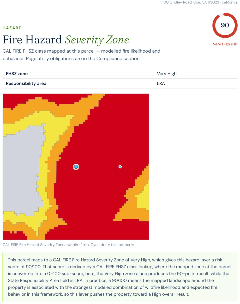 Excerpt from a Satelife wildfire risk report for a Gridley Road address in Ojai: CAL FIRE Fire Hazard Severity Zone map showing the parcel in a Very High zone within the Local Responsibility Area