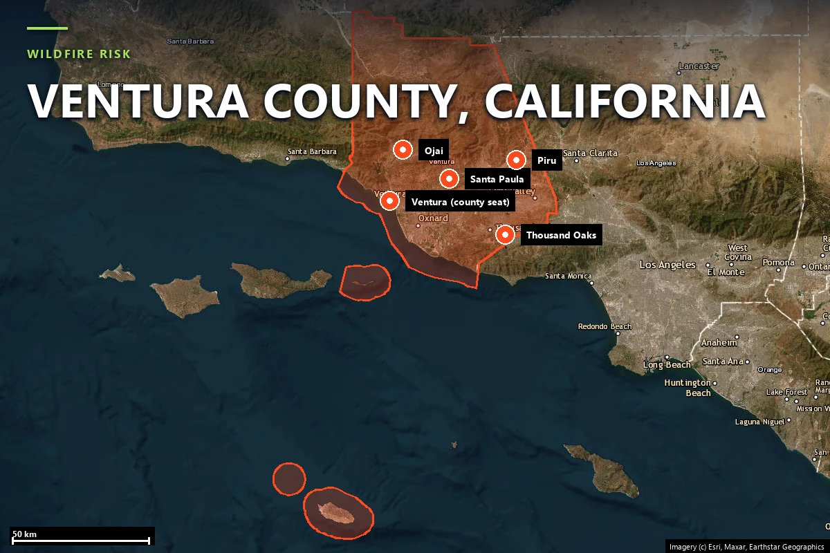 Satellite view of the Ojai Valley in Ventura County, California, with the town, surrounding orchards, and the foothills that burned in the 2017 Thomas Fire