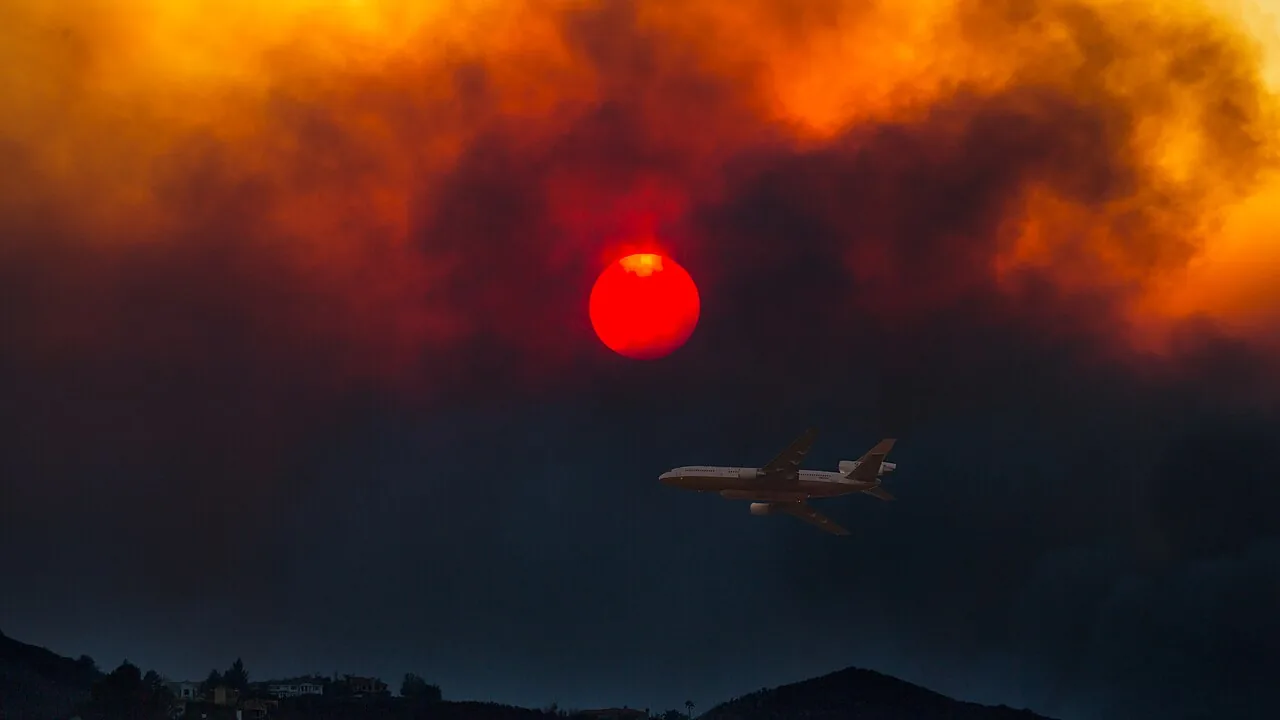 A DC-10 air tanker flying through thick smoke beneath a deep red sun over the 2018 Woolsey Fire on the Ventura–Los Angeles county line