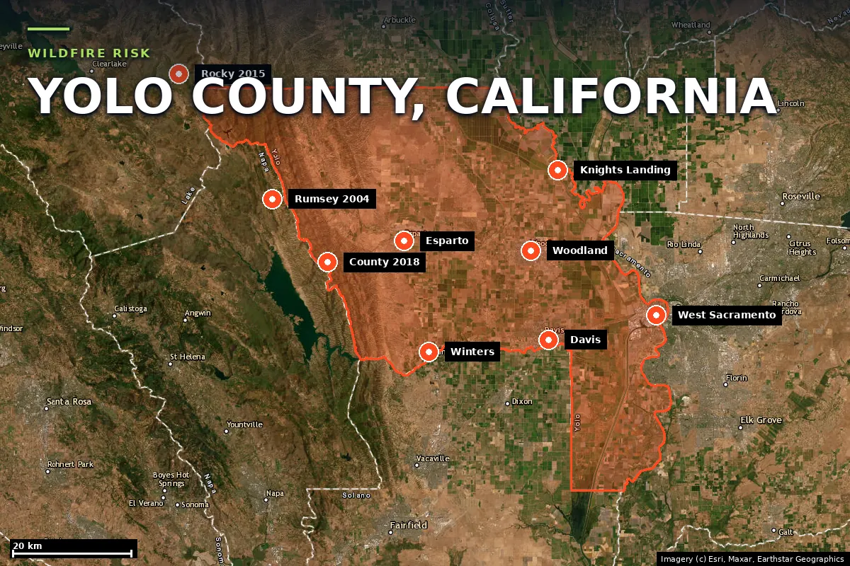 Satellite locator map of Yolo County, California, with the county boundary outlined