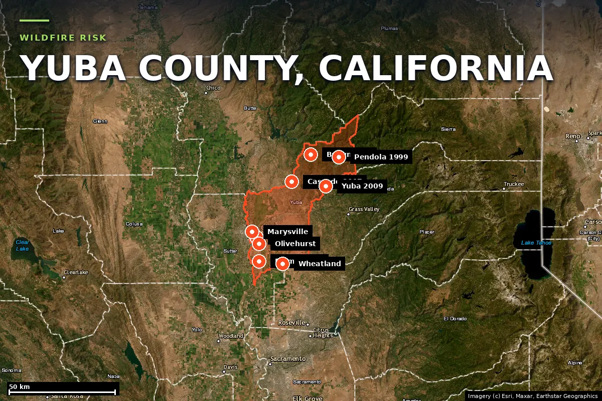 Satellite locator map of Yuba County, California, with the county boundary outlined