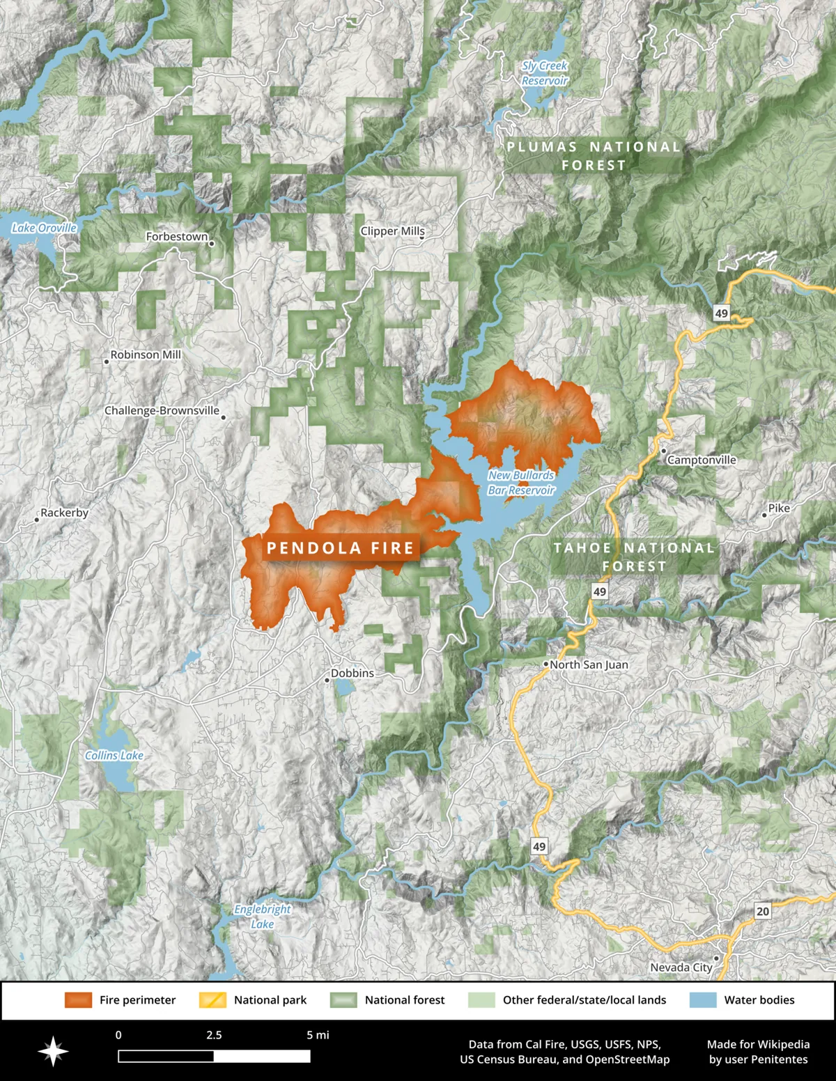 Pendola Fire (1999) in Yuba County, California - This is a map of the extent of the 1999 Pendola Fire in Northern California's Yuba County, where the fire burned more than 11,000 