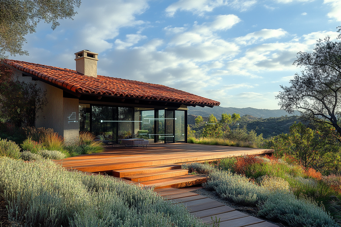 Ground-level photograph of a California hillside home with subtle AI-style annotation overlays around roof, eaves, and vegetation