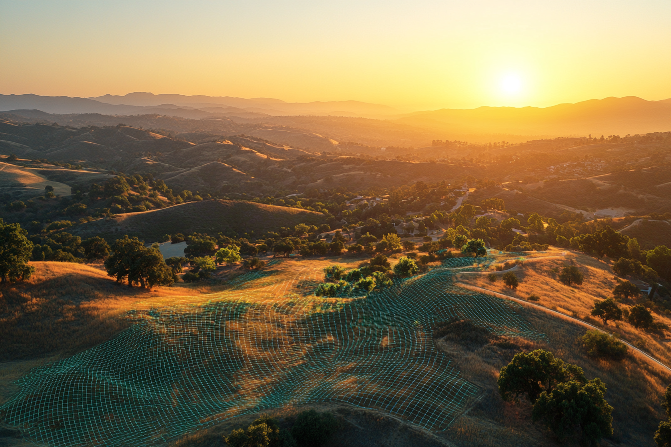 Aerial view of a California parcel with translucent data layers — vegetation, fire history, wind — overlaid on the real landscape