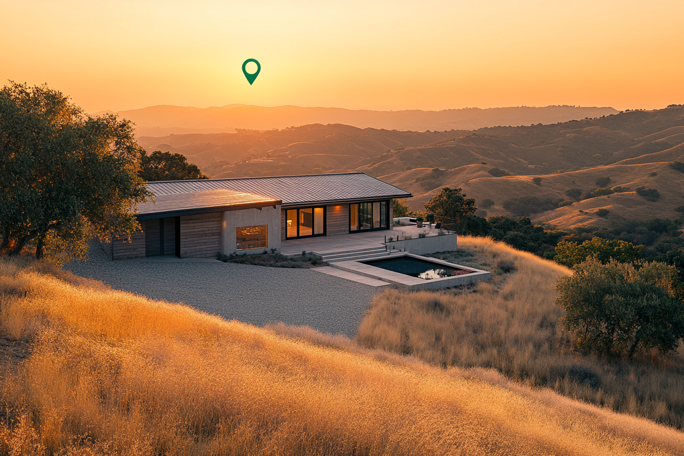 A California hillside property at golden hour, marked by a single location pin
